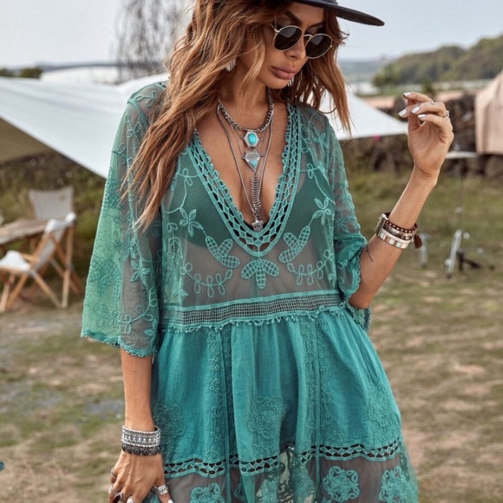 040 Bohemian Floral Embroidered Beach Cover up - Picture 6 of 11